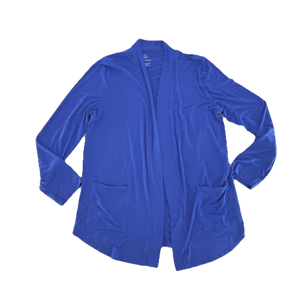 T by Talbots Cardigan Womens Blue Open‎ Front Long Sleeve Bamboo Rayon Stretch M